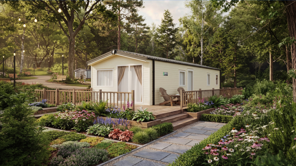 Exterior view of the Willerby Ashford static caravan with cream cladding, a raised timber decking area, and a pitched roof, set in a landscaped woodland plot with a stone pathway and flower beds.