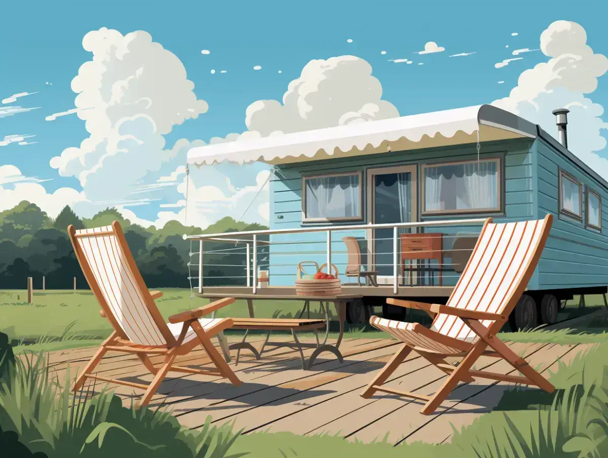 Outdoor furniture in front of a static caravan waiting to be packed away for the winter.