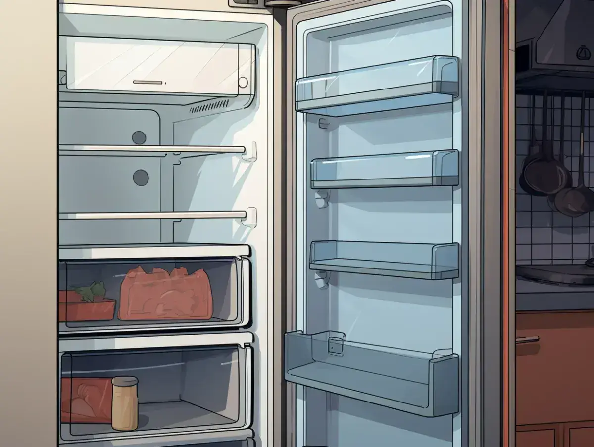 Illustration of a static caravan fridge part way through being emptied as part of winter preparation.