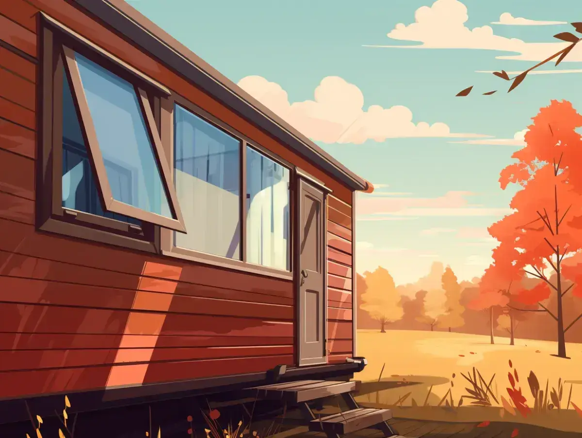 Illustration of a static caravan in autumn with the windows open to help air it out in preparation for winter.